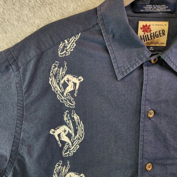 Tommy Hilfiger Hawaiian Shirt Mens Medium Blue Palm Trees Vintage Beach VTG - Picture 4 of 16